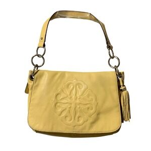 Solina Leather Tassel Shoulder Bag Yellow Embossed Flower Flap Chain Accent Flaw